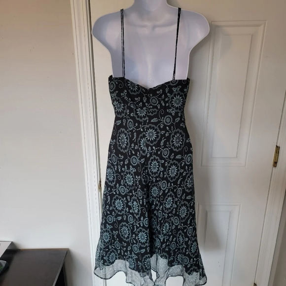 Luciano Dante 100% Silk Halter Keyhole Dress Black Aqua Floral Lined Dress 6 - Picture 2 of 8